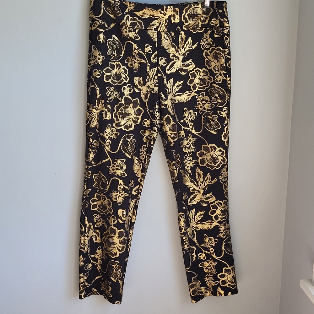 Soft Surroundings Black and Gold Floral Ponte  Pants Size M